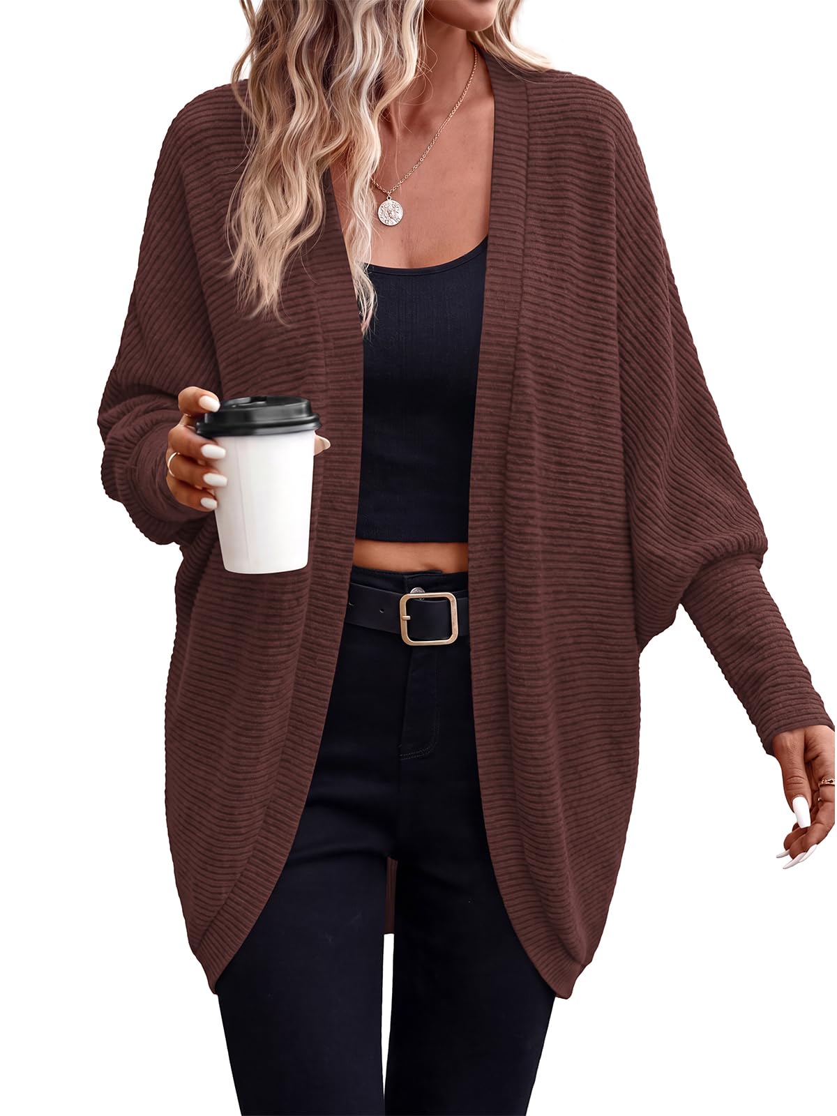PRETTYGARDEN Cardigan lungo da donna aperto sul davanti, con collo a scialle, ma
