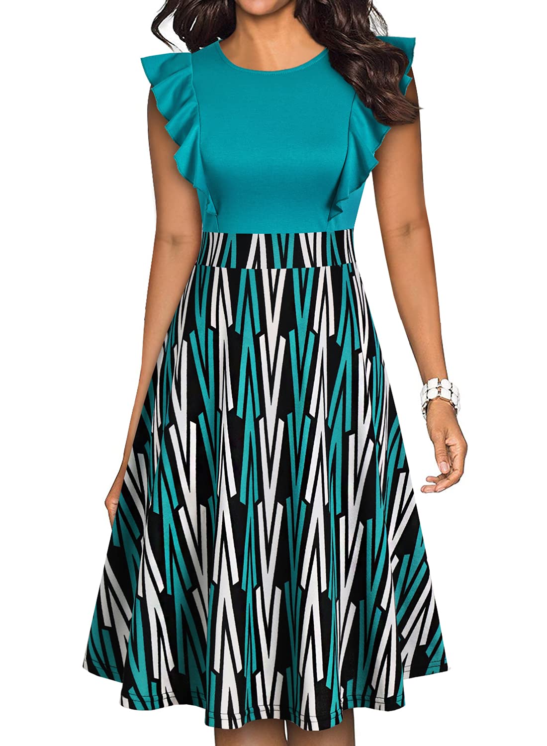 YATHON Women's Vintage Ruffle Sleeve Floral A Line Cocktail Party Dresses