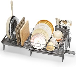 Extendable Dish Rack, Dish Drying Rack for Kitchen Counter, Foldable Dish Dryer Rack, Stainless Steel Dish Drainer Racks with Utensil Holder, Collapsible Dish Drying Racks Large Size, Grey