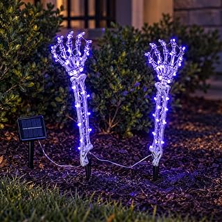 Halloween Solar Skeleton Hand Lights 2 Pack, 100LED Purple Halloween Stakes | 2 Pack Skeleton Hand Arm Stakes,2 glowing skeleton hands create a spooky purple Halloween display