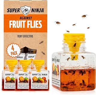 Super Ninja Fruit Fly Traps for Indoors, 4 Pack | Fruit Flies Catcher for Home & Kitchen with Adhesive Back, Kids & Pets Friendly, Upto 3 Weeks of Performance per Bottle