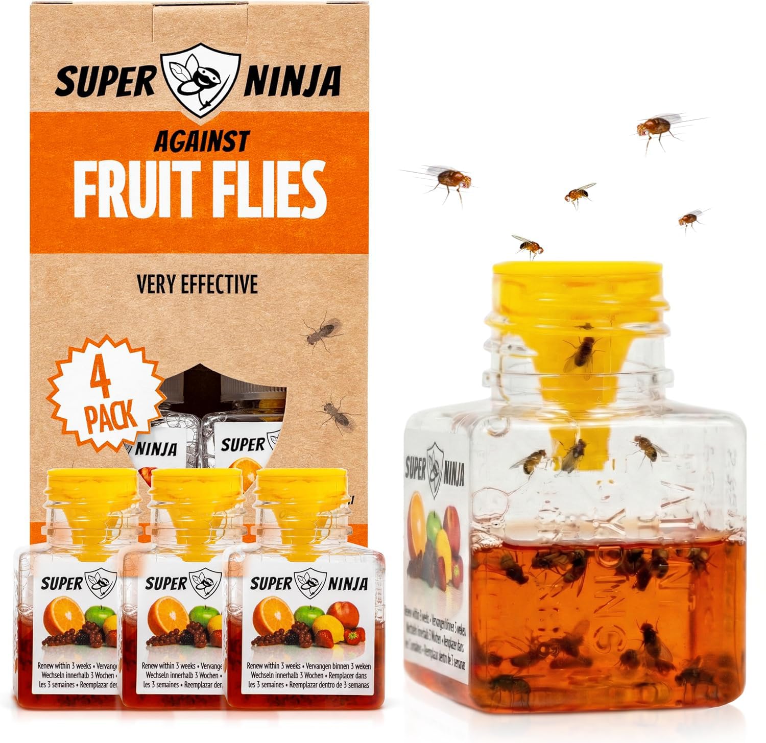 Super Ninja Fruit Fly Traps for Indoors, 4 Pack | Fruit Fly Killer for Home & Ki