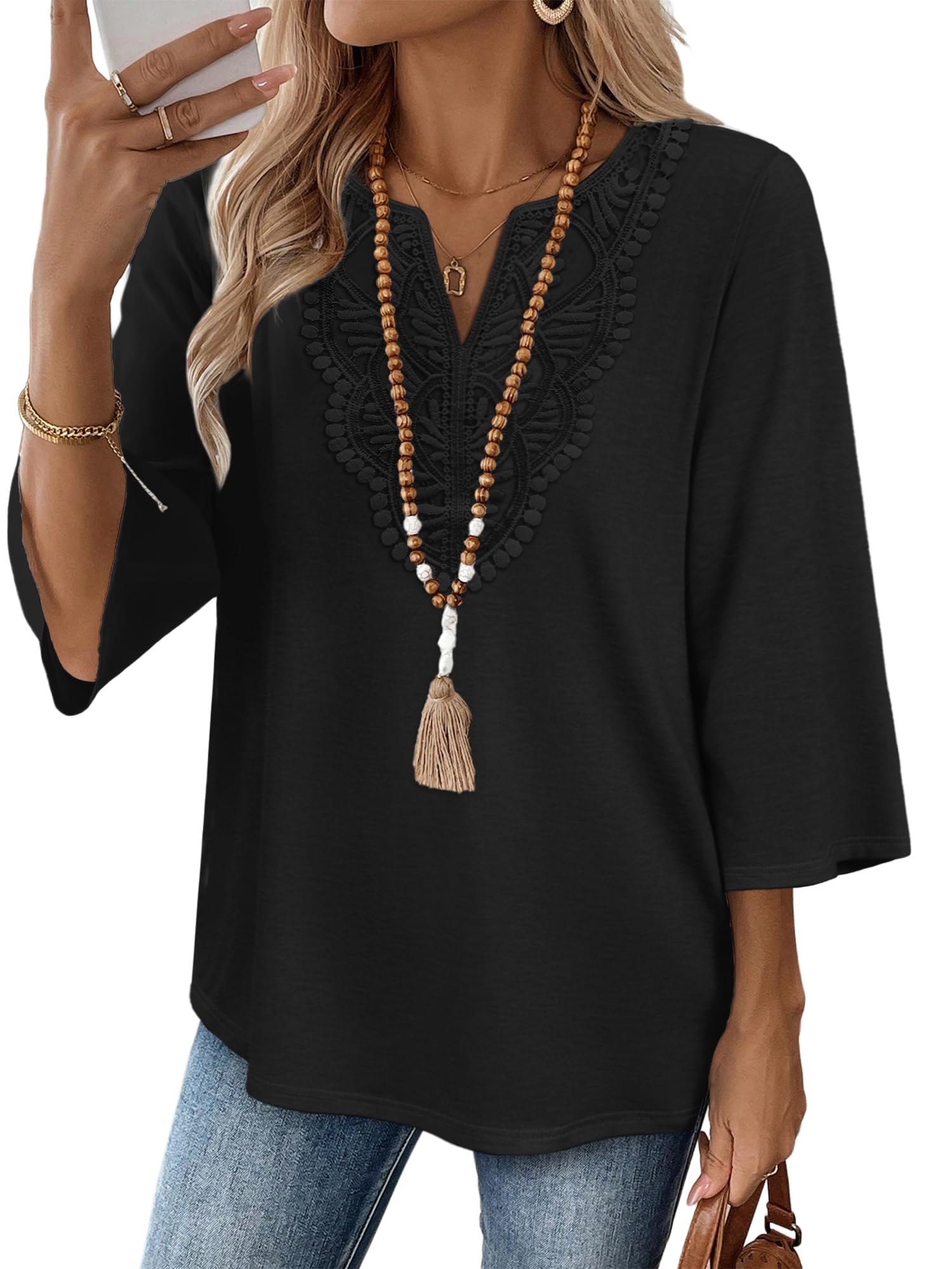 WIHOLL 3/4 Sleeve Blouses for Women V Neck Lace Top Summer Tops for Women