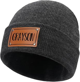 Lanleay Custom Toddler Baby Beanies, Mama Mini Matching Hats, Leather Patch Knit Hats Winter Beanies for Infant, Kids Adults