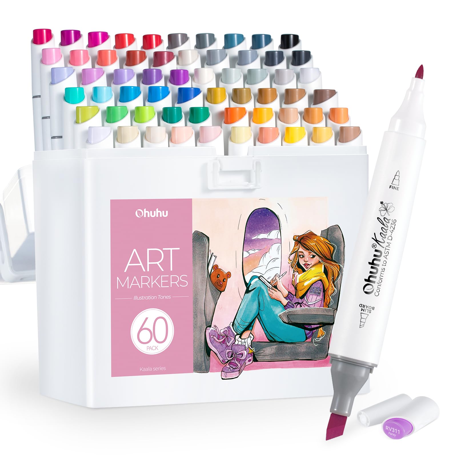 Ohuhu Alcohol Markers Fine& Slim Broad 60 Colors for Adult Beginners Artist | Du