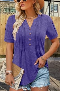 Women's Summer Knit Tops Short Sleeve V Neck Button Folded Front Soft Tunic Blouses
