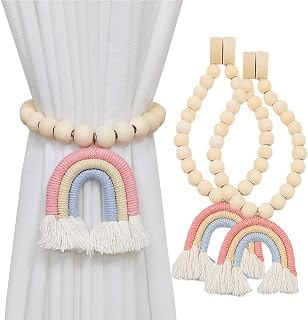 2 Pieces Wooden Beaded Curtain Tiebacks, Tassel Curtain Buckles Magnetic Curtain Buckles, Rainbow Tassel Curtain Tiebacks No Punch Decoration (Pink)