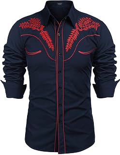 COOFANDY Camisas occidentales de manga larga para hombre, ajustadas, bordadas, estilo vaquero, casual, con botones, Azul marino (patrón1), X-Small