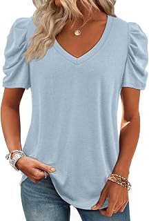 ATHMILE Womens Blouse Dressy Casual V Neck Puff Short Sleeve Tshirts Boho Fashion Summer Spring Tunic Top Clothes