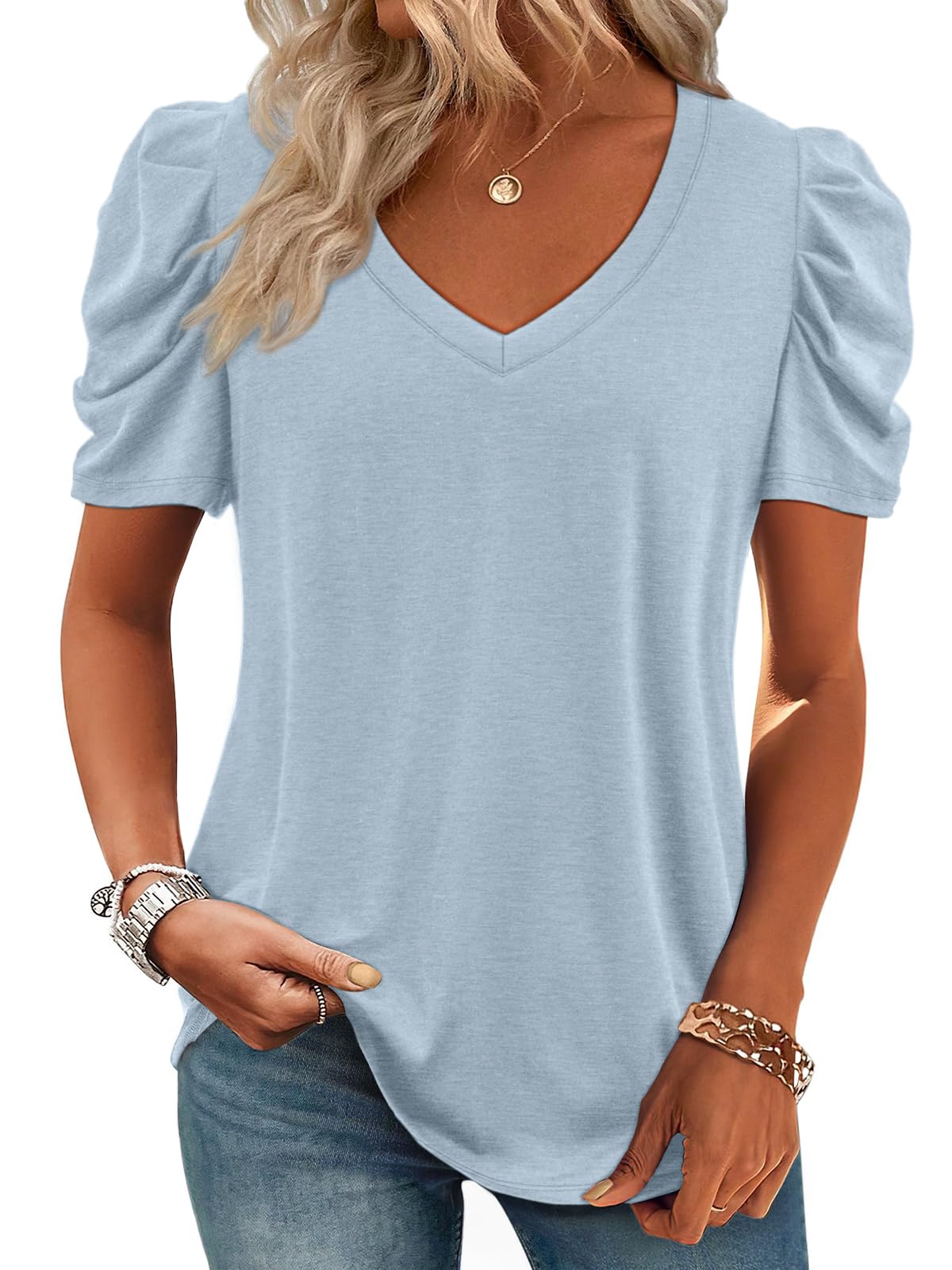 ATHMILE Womens Blouse Dressy Casual V Neck Puff Short Sleeve Tshirts Boho Fashio