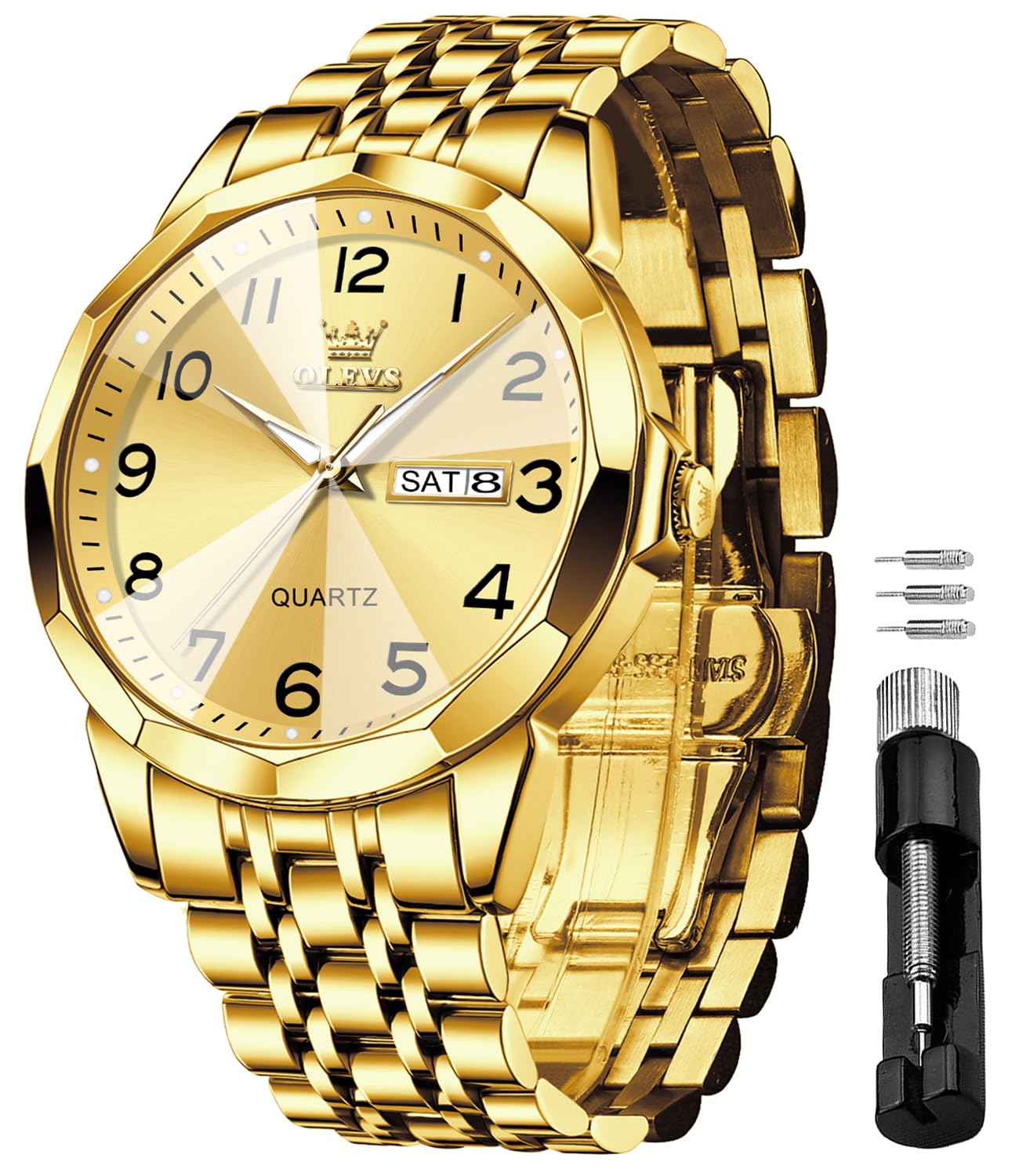 OLEVS Mens Quartz Analog Watch Stainless Steel Waterproof Luminous Date Diamond 