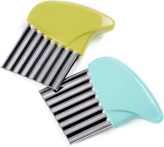 2 Pcs Stainless Steel Crinkle Cutter, Green and Blue | Wavy blade design for slicing potatoes, carrots, chips, vegetables, butter, and lettuce; green and blue colors.