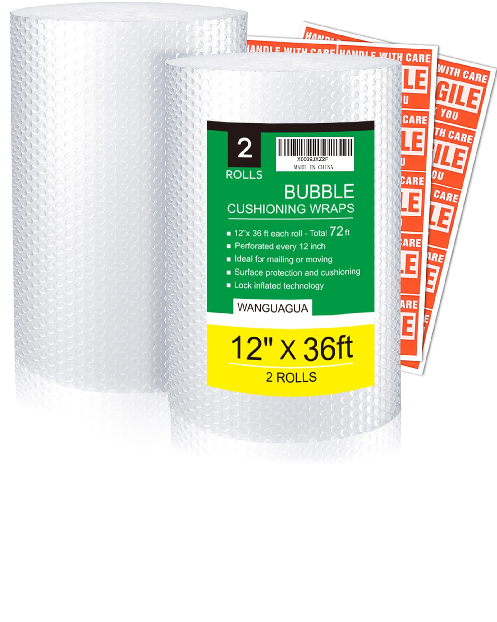 WANGUAGUA Bubble Packing Wrap, 2 Pack 12 Inch x 72 ft Total | Heavy Duty Fully-i