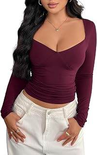 Women Sexy Deep V Neck Long Sleeve Top Slim Fit Solid Color Y2K Going Out T Shirt Tops DJY54