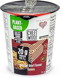 CHEF WOO Braised Beef Vegan Ramen Cups, 20g Plant Protein, 12-Pack | 20 g plant protein per cup