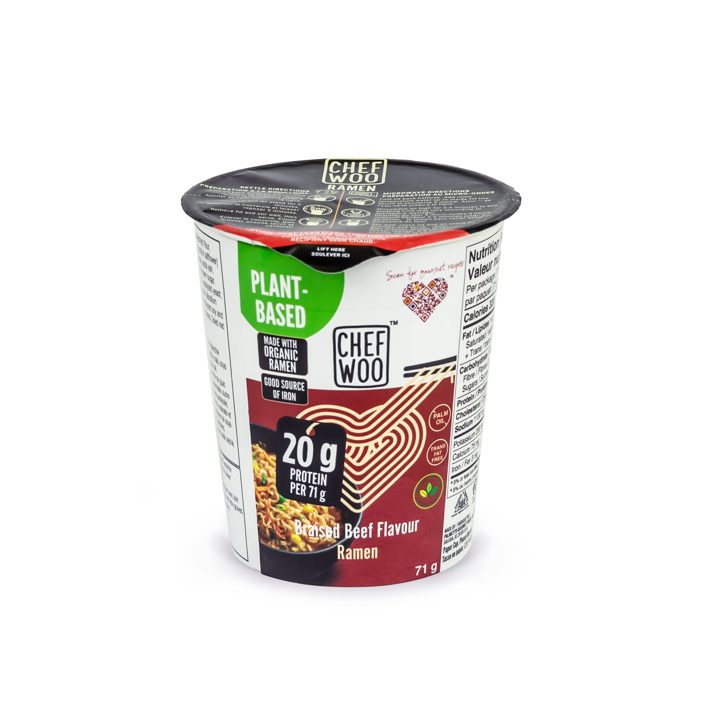CHEF WOO Braised Beef Vegan Ramen Cups, 20g Plant Protein, 12-Pack | 20 g plant 