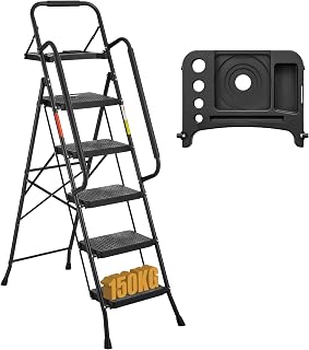 BONTEC 5 Step Ladder, Foldable Metal Stool with Tool Tray, 150 kg Load | Steel frame, wide anti-slip pedals, sponge-covered handrail, compact storage, for kitchens, garages, indoor and outdoor tasks