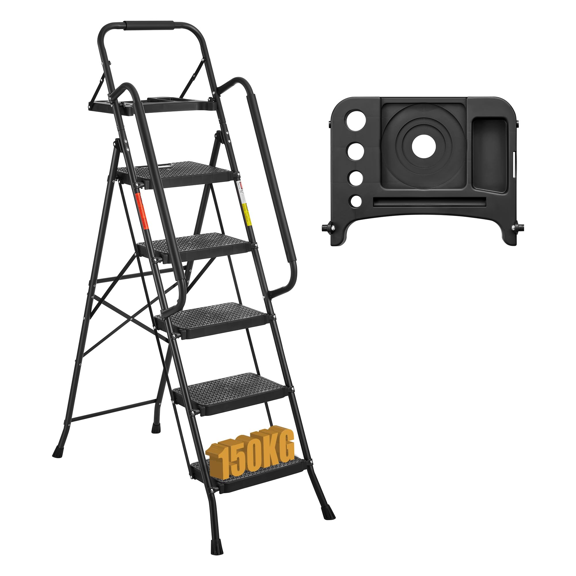 BONTEC 5 Step Ladder, Foldable Metal Stool with Tool Tray, 150 kg Load | Steel f