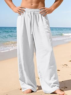 Mens Linen Pants Elastic Waist Drawstring Summer Beach Pants Casual Loose Straight
