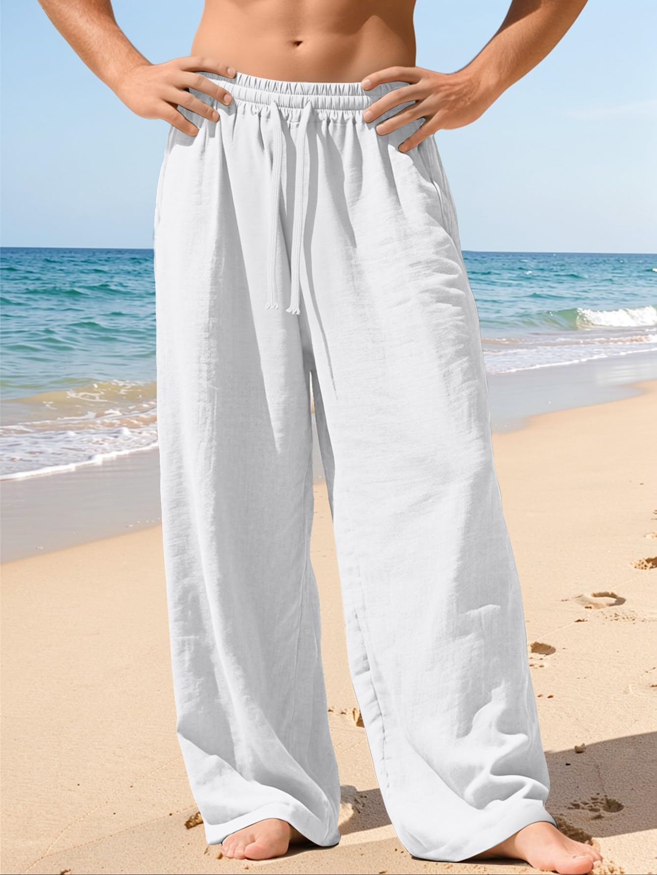 Mens Linen Pants Elastic Waist Drawstring Summer Beach Pants Casual Loose Straig