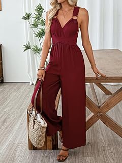 Women Burgundy Sleeveless Jumpsuit V Neck Cut Out Shoulder Wide Leg Jumpsuit for Summer Casual Party Holiday
