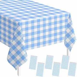 SietDESEO 6 Pack Light Blue Gingham Tablecloth Rectangle 54 x 108 Blue and White Checkered Table Cloth Disposable Plaid Table Cover Plastic for Birthday Baby Shower Picnic Wedding Party Supplies