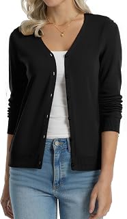 QUALFORT Womens 100% Cotton Lightweight V-Neck Cardigan Sweater, Black, X-Large