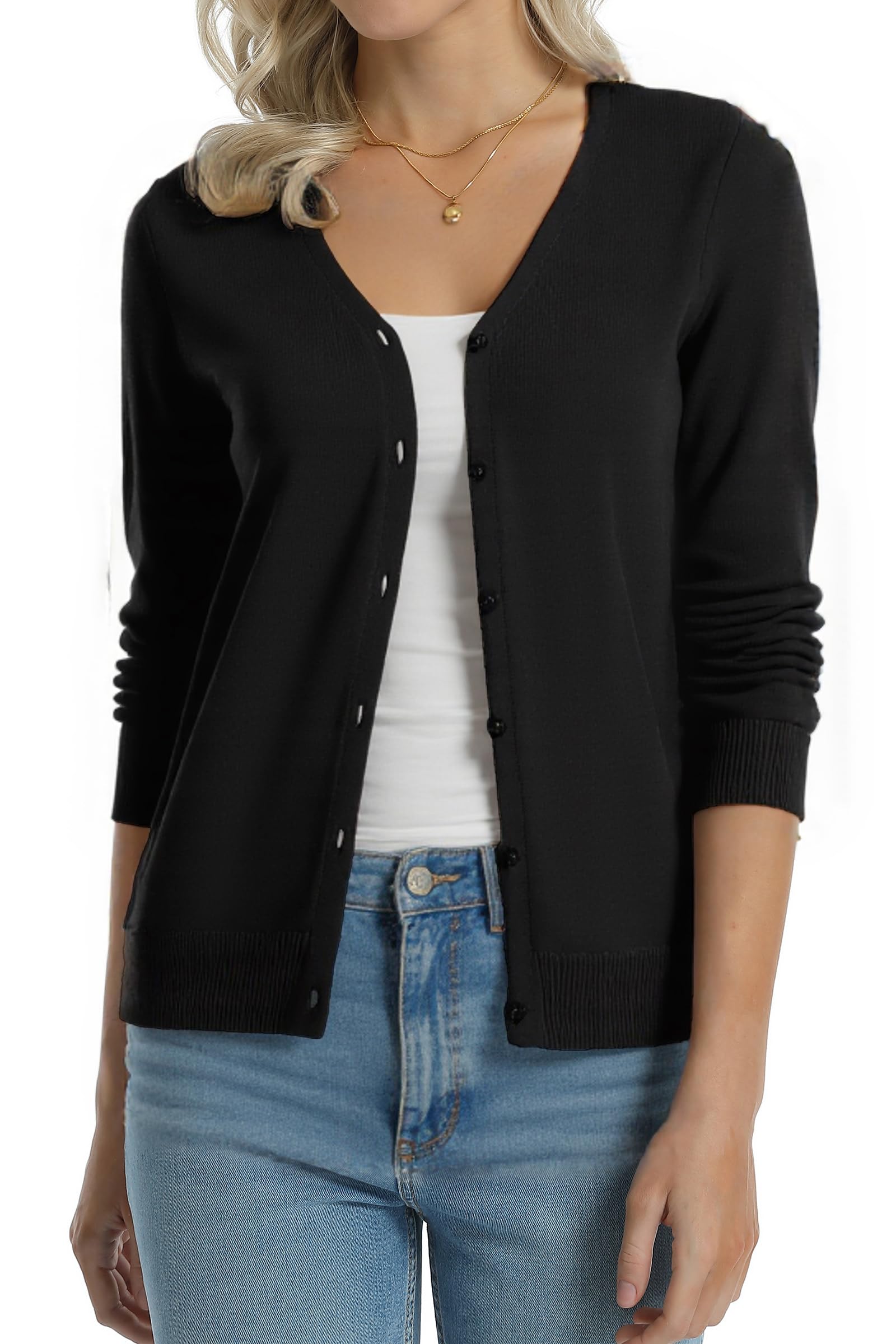 QUALFORT Womens 100% Cotton Lightweight V-Neck Cardigan Sweater, Black, X-Large