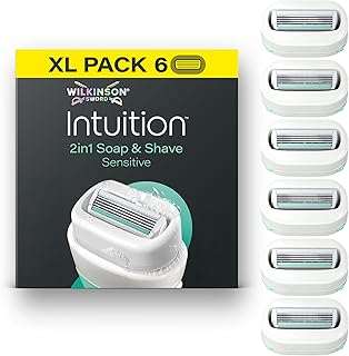 Wilkinson Sword Intuition Soap & Shave Sensitive Women's Razor, 6 Refills | 2in1, 4 Blade Sensitive Skin Razors for Women Refills, Built-In Vegan Soap, Aloe Vera, Just Add Water, No Shave Gel Needed