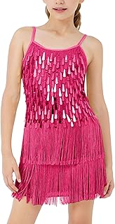LOLANTA Traje de Baile con Flecos de Lentejuelas para Niñas, Conjunto de Baile Latino para Niños Salsa Rumba, Brillantes Minivestido Flecos de Baile Sin Mangas con Pantalón Corto