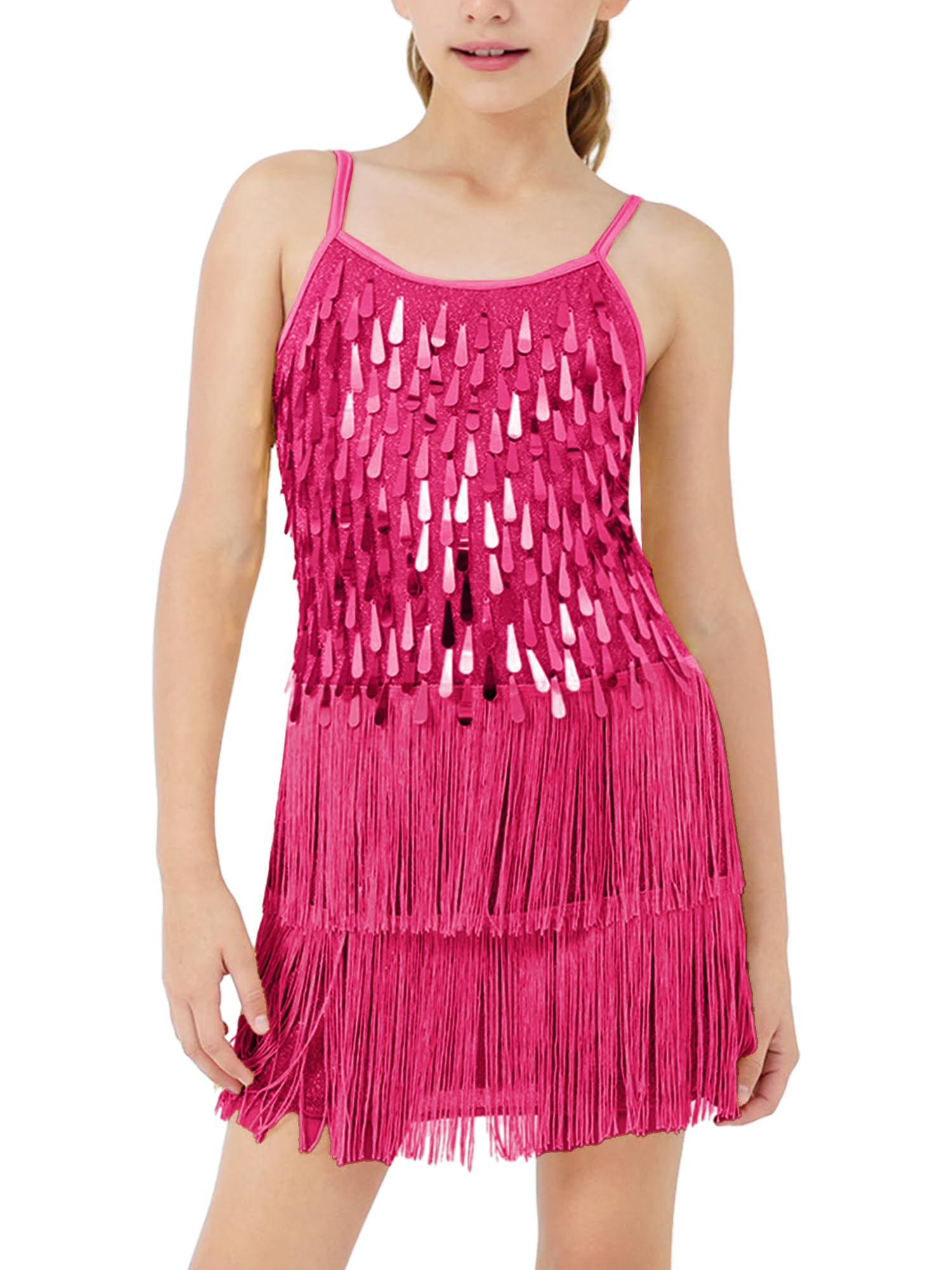 LOLANTA Girls Sequin Fringe Dance Costume, Kids Salsa Rumba Latin Dance Wear Set