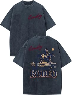 Bobeutou Western Shirts for Men Vintage Rodeo Cowboy Shirt Oversized Graphic Tees Country Concert Acid Wash T-Shirts Tops