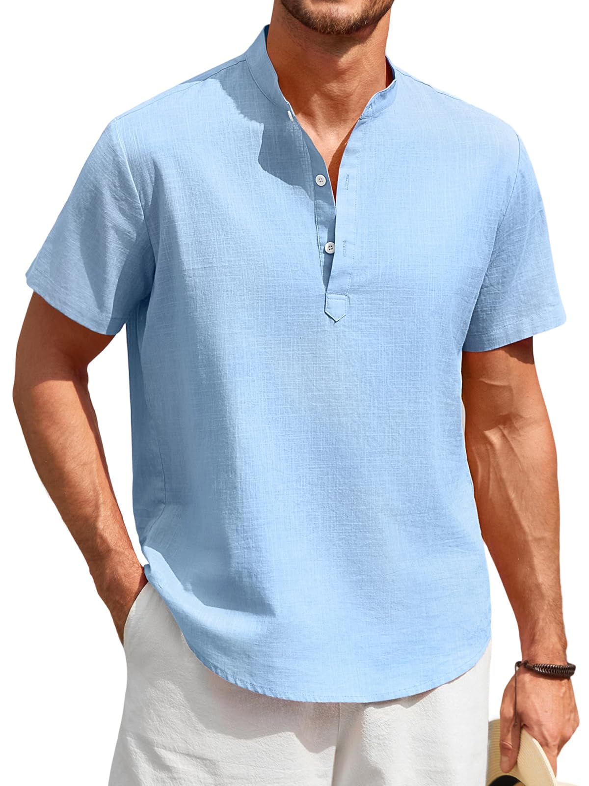 Enlision Men's Linen Shirt Short Sleeve Summer Casual Shirts for Men Mao Collar 