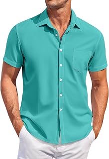 Mens Stretch Short Sleeve Casual Button Down Pocket Shirt