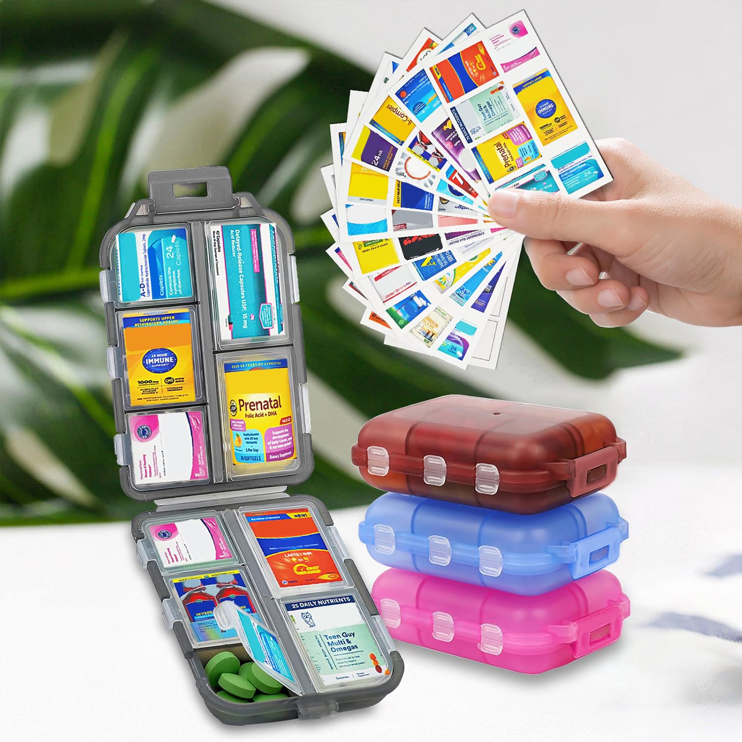 4 Travel Pill Box 10 Compartments Portable Folding Pill Storage Box with Labels 