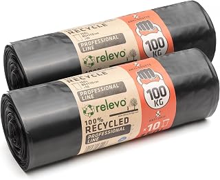 Relevo Professional Heavy Duty Black Bin Bags – 150L (Width 80 cm × Height 110 cm), 20 Bags (2 Rolls × 10 Bags) | Extra Strong & Leak-Proof | 75 µm (Microns) | 100% Recycled LDPE