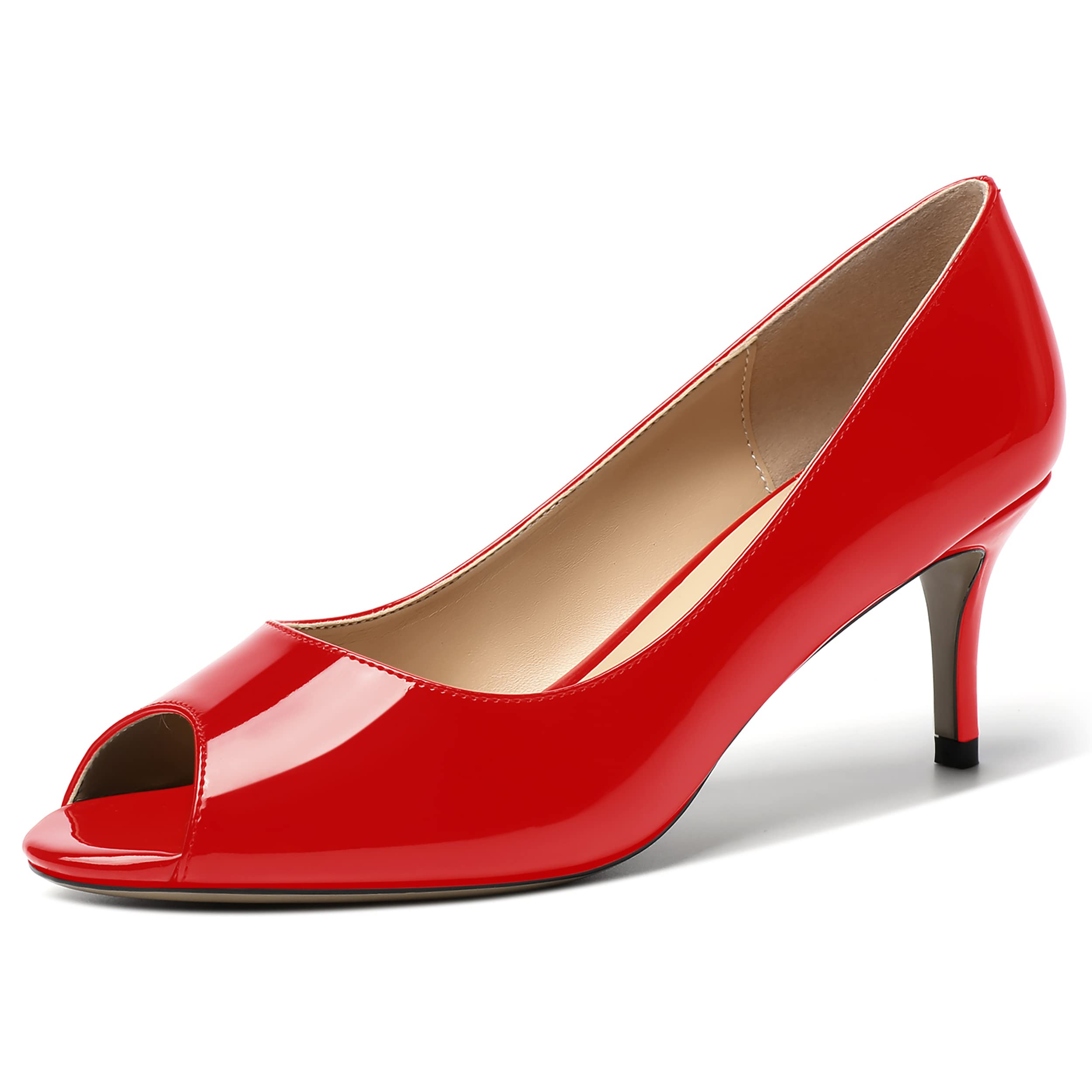 MOVINSTEPS Womens Peep Toe Dating Dress Patent Slip On Open Toe Stiletto Mid Hee