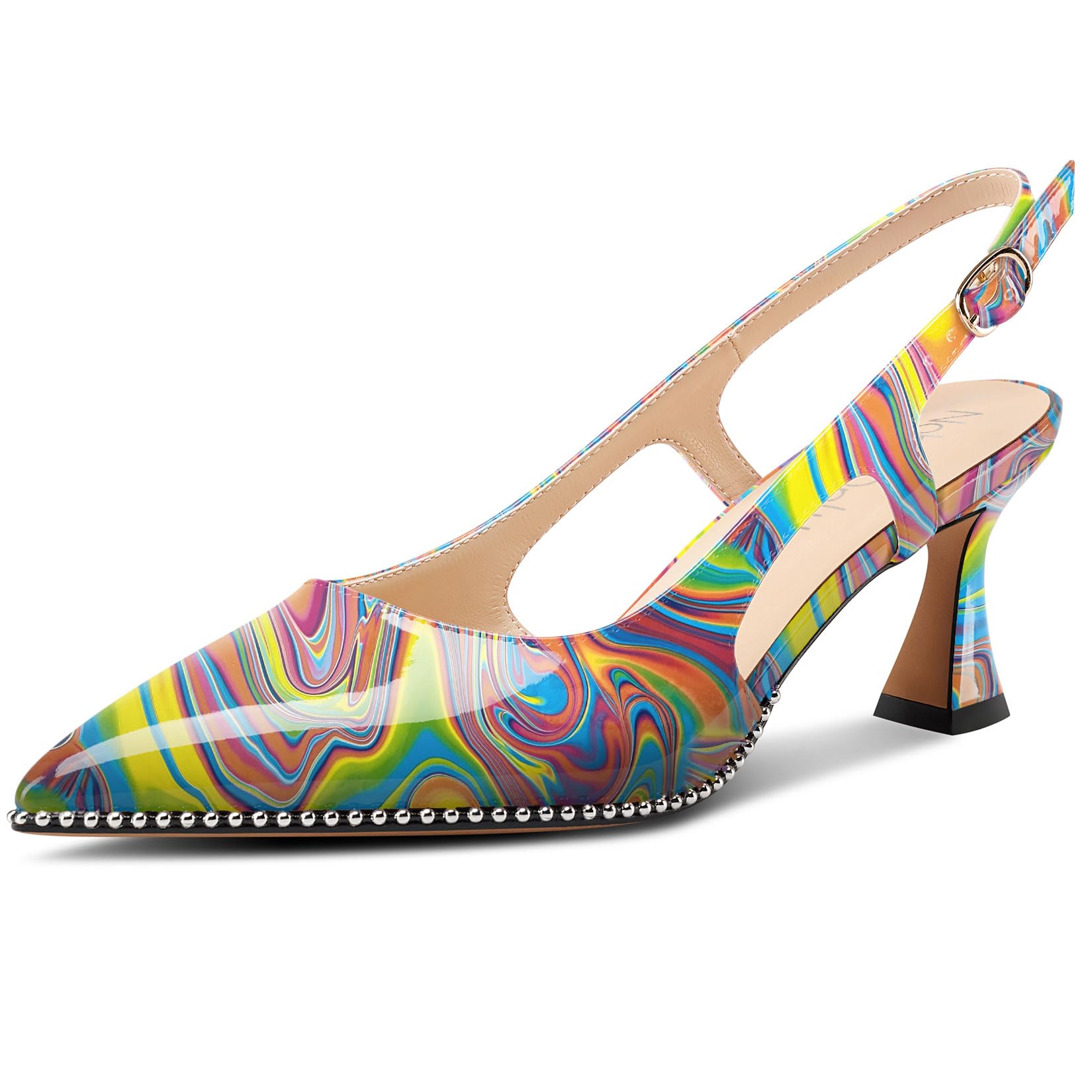 NobleOnly Women Closed Pointed Toe Mid Kitten Heel Heel Slingback Pumps Buckle D