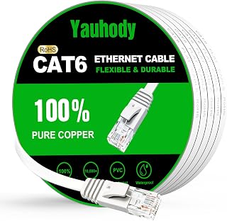 Yauhody Ethernet Cable 30 m, Flat RJ45 Cat 6 1000Mbps 250MHz Internet Cable High Speed Network Cable Long Gigabit LAN Cable 30 m for Modem, Router, TV, Switch (White)
