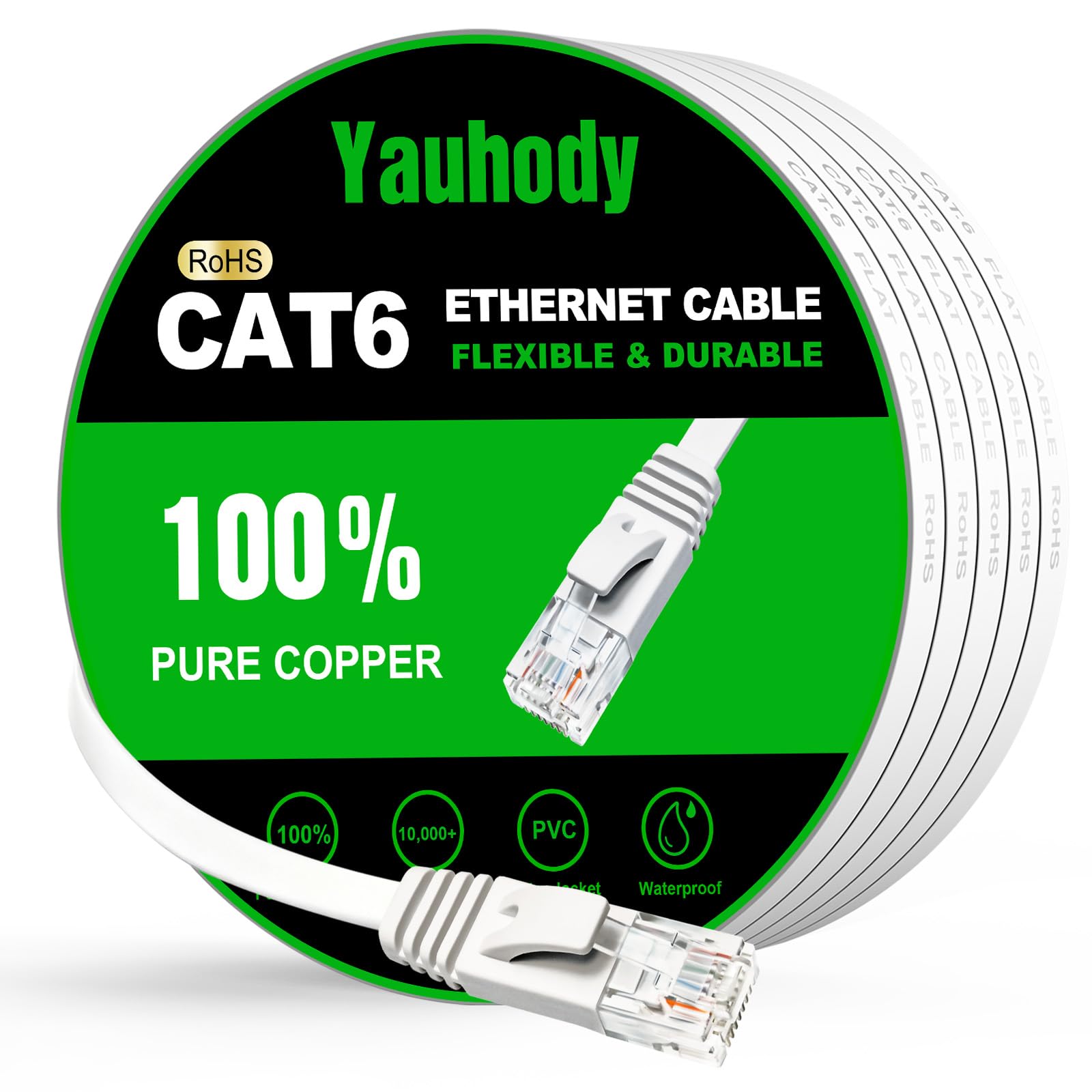 Yauhody Ethernet Cable 30 m, Flat RJ45 Cat 6 1000Mbps 250MHz Internet Cable High