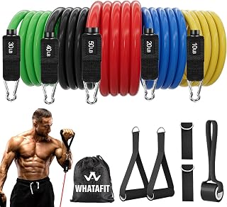 WHATAFIT Resistance Bands with Handles, Exercise Bands Set for Working Out | Resistance bands with door anchor, five 48-inch tubes, two cushioned handles, two ankle straps, carry bag and exercise guide