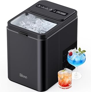 Silonn Ice Maker Countertop, 8 Ice Cubes in 6 Mins, 26.5 lbs/24H, 2 Bullet Ice Sizes, Self-Cleaning Bullet Ice Maker, Portable Ice Machine for Kitchen, Party, Office, and RV Camping
