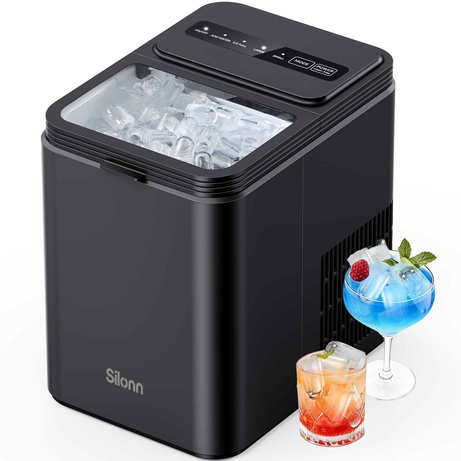 Silonn Ice Maker Countertop, 8 Ice Cubes in 6 Mins, 26.5 lbs/24H, 2 Bullet Ice S