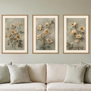 KAIRNE Vintage Moody Botanical Flower Framed Canvas Wall Art Set-24"x36"x3 | Green Beige Floral Wall Decor,Rustic Wildflower Art Prints,Boho Minimalist Artwork for Living Room,Bedroom,Farmhouse,Office
