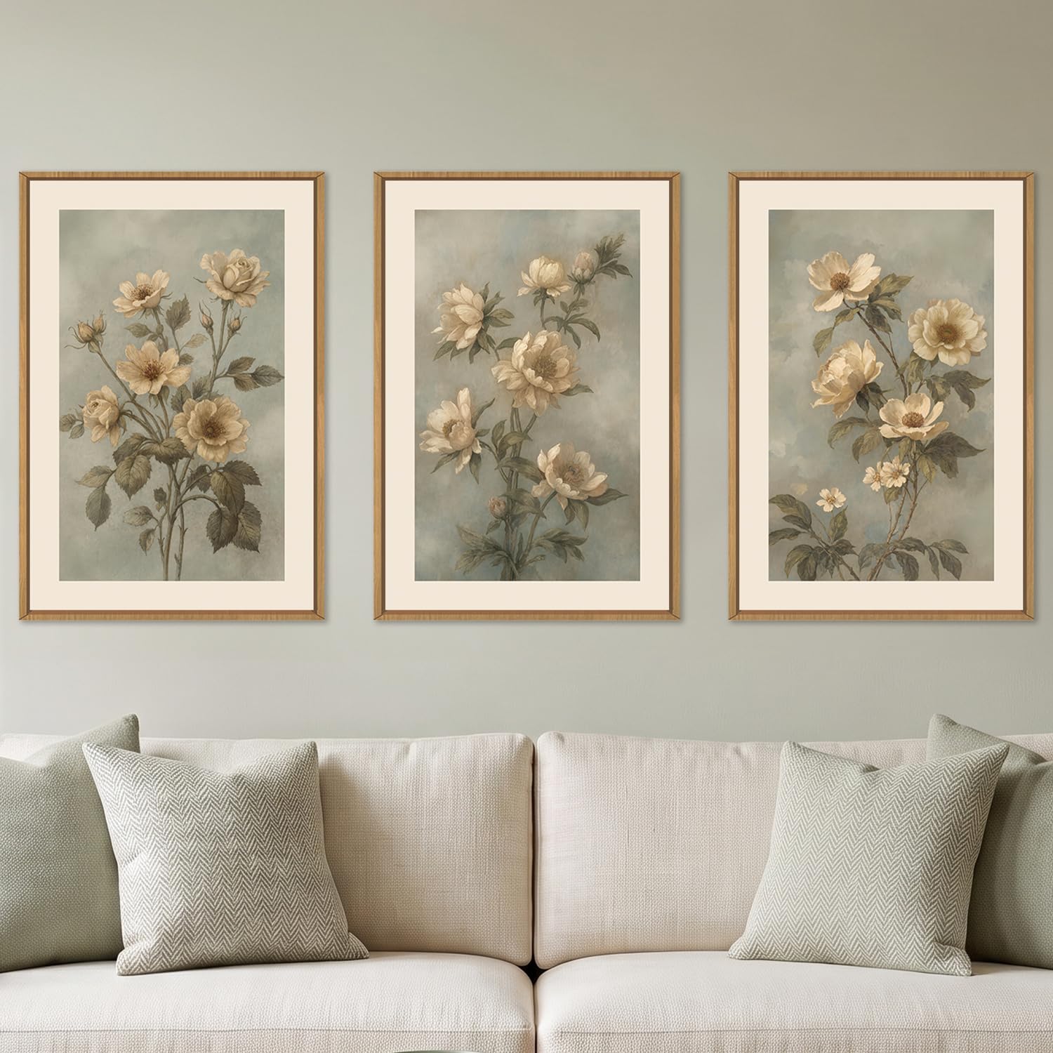 KAIRNE Vintage Moody Botanical Flower Framed Canvas Wall Art Set-24"x36"x3 | Gre