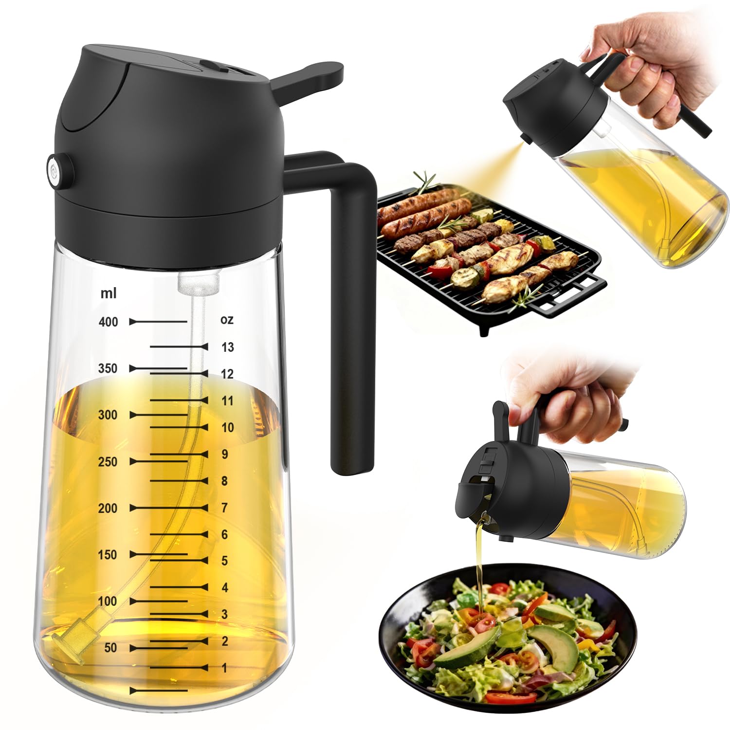 TrendPlain 16oz/470ml Glass Olive Oil Sprayer for Cooking – 2 in 1 Olive Oil Dis