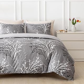 Tokokimo Soft Microfibre Duvet Cover Set Reversible Bedding Set with Pillowcases Double 200 x 200 cm Easy Care 3-Piece Grey Floral