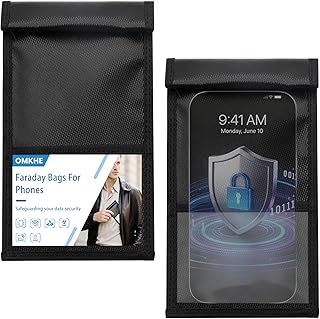 OMKHE 2 Pack Military Grade Faraday Bags for Smartphones | Signal Blocking; Magnetic Closure; Personal card slot; Anti-Tracking Anti-Hacking