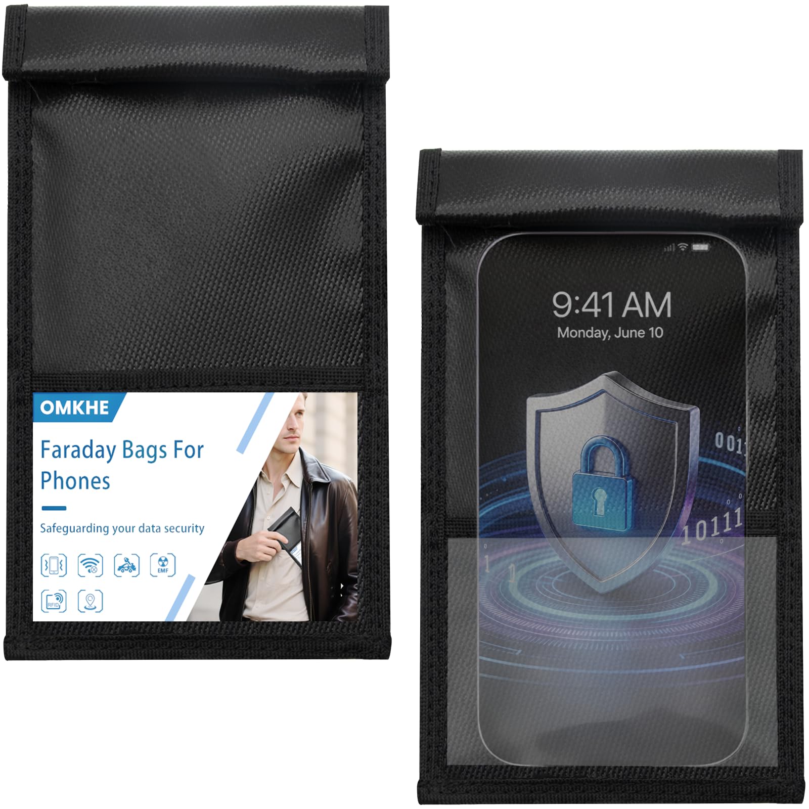 OMKHE 2 Pack Military Grade Faraday Bags for Smartphones | Signal Blocking; Magn