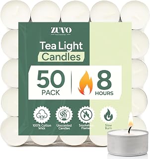 Zuvo Tea Lights 8 Hour Burn, Unscented White Tealight Candles, 50 Pack | Cotton wick, lead-free, 3.8 x 2.3 cm deep cup, fits standard holders, long burning for evenings